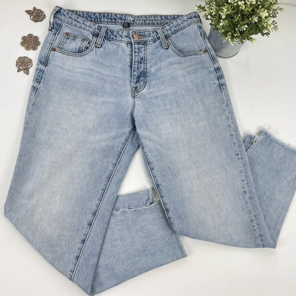Gap Vintage High Rise Jeans Sz 28 Ankle Cropped Step Hem Straight Rigid Denim - Picture 1 of 3